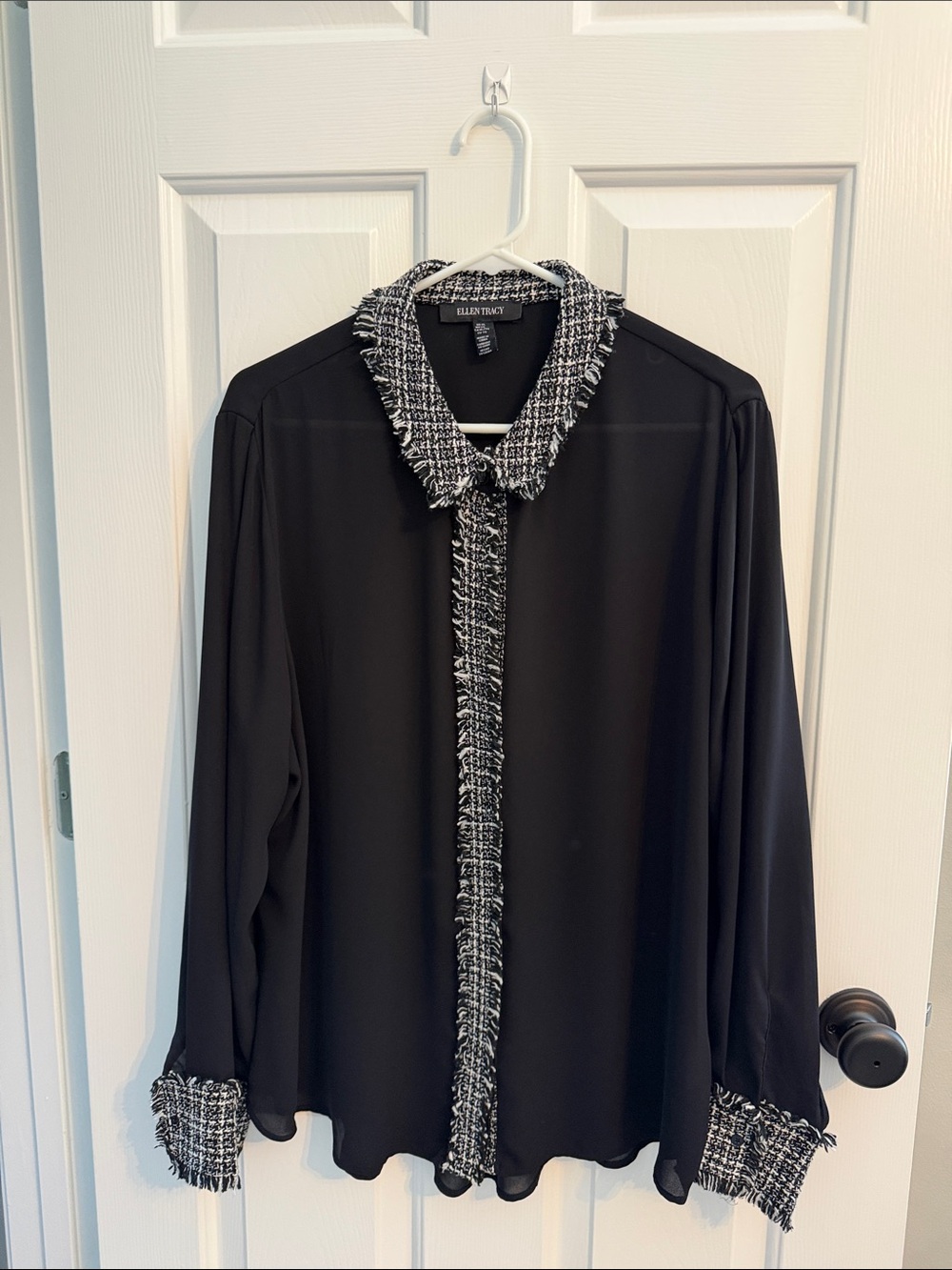 Ellen Tracy Black Blouse with Black-and-White Tweed Trim